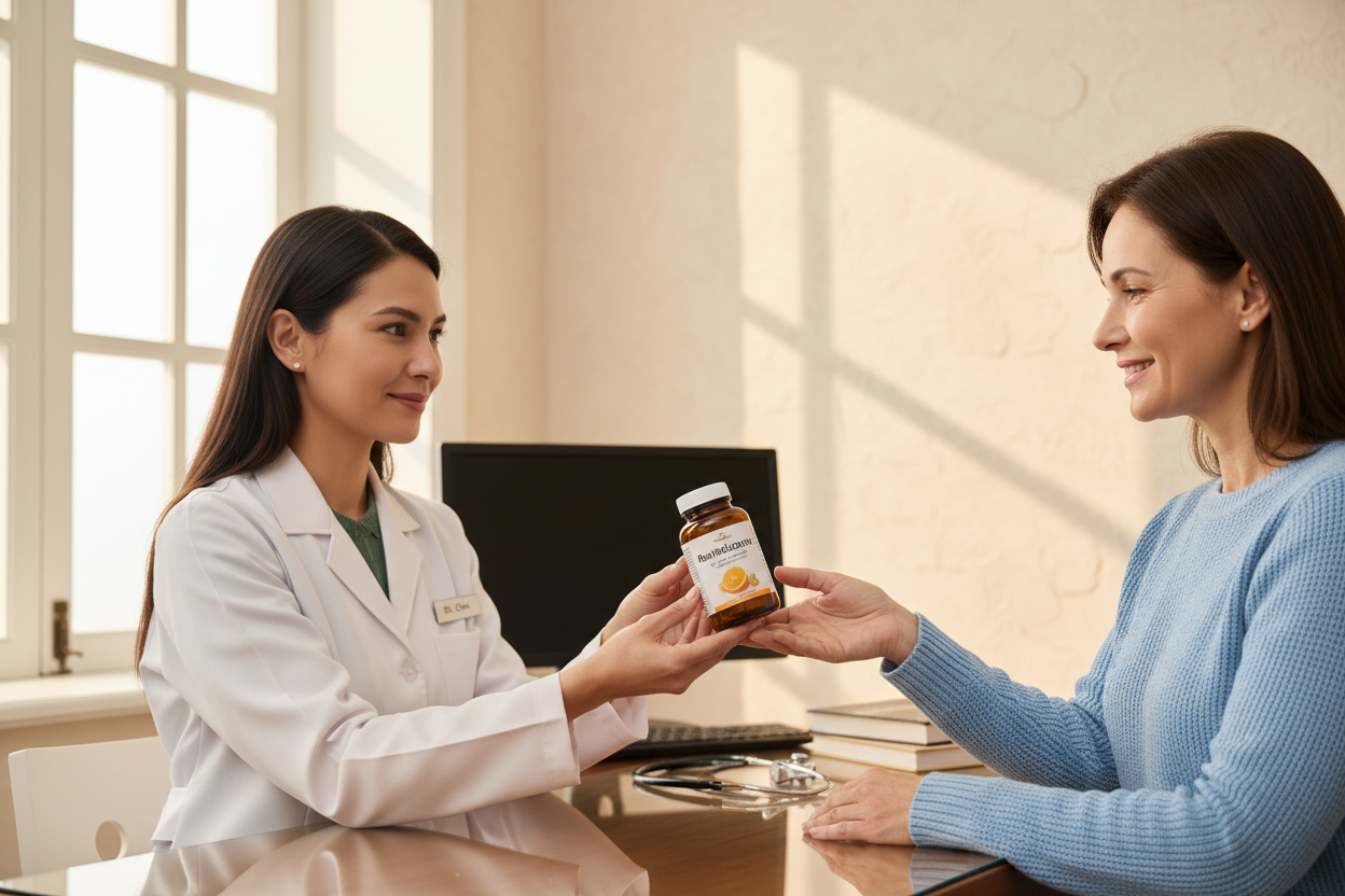 doctoraa dandole un Revitalizante (200 mg + 2 g Vitamina C) a un paciente real con paredes cremas