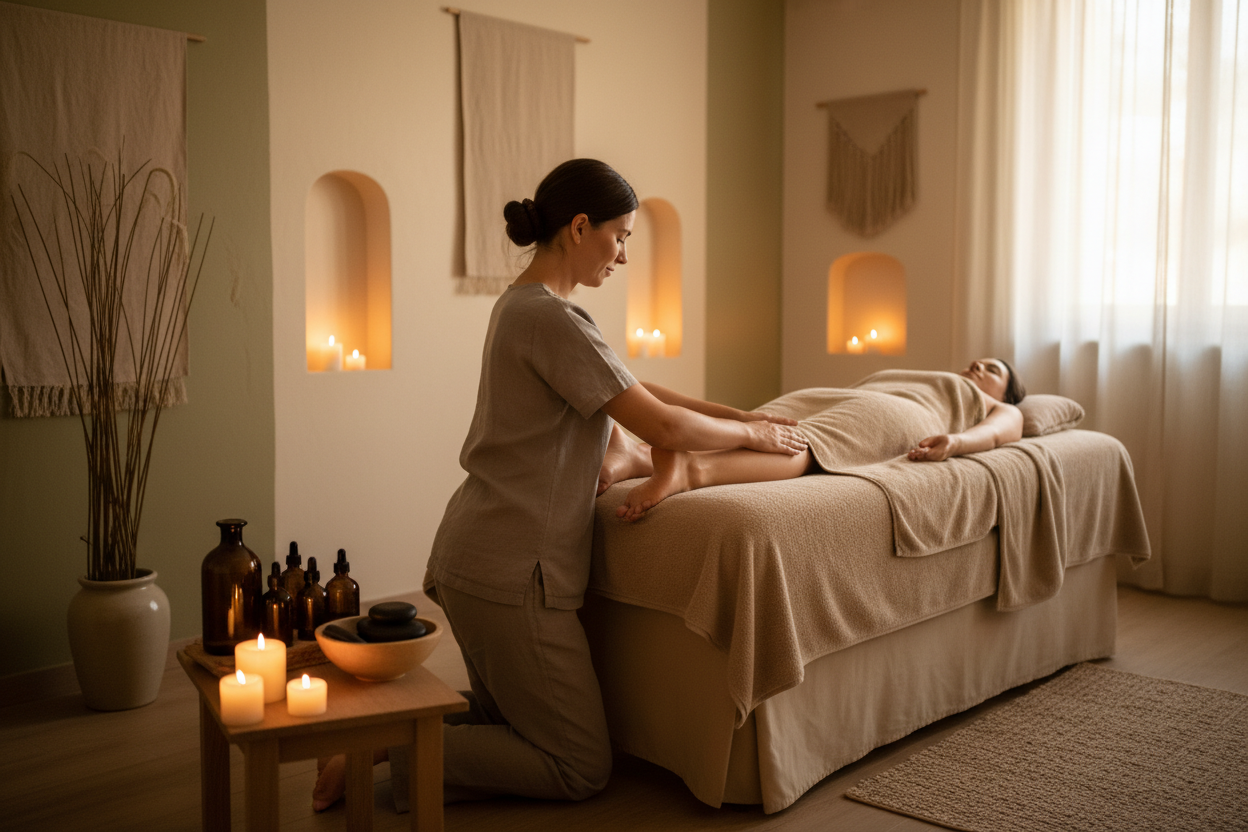 Escena en un centro de bienestar donde un terapeuta especializado realiza un masaje Jambes Lourdes para aliviar la sensación de piernas pesadas y cansadas. El paciente está recostado cómodamente mientras el profesional aplica maniobras suaves, drenantes y rítmicas en las piernas, enfocadas en mejorar la circulación y reducir la tensión. La habitación tiene una iluminación cálida, aceites esenciales, música relajante y un ambiente de tranquilidad profunda. Se aprecia una atmósfera de alivio, ligereza y biene