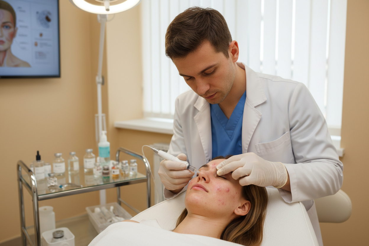 La Mesoterapia para Acné a un paciente real con paredes cremas y doctor/a el paciente debe tener acne
