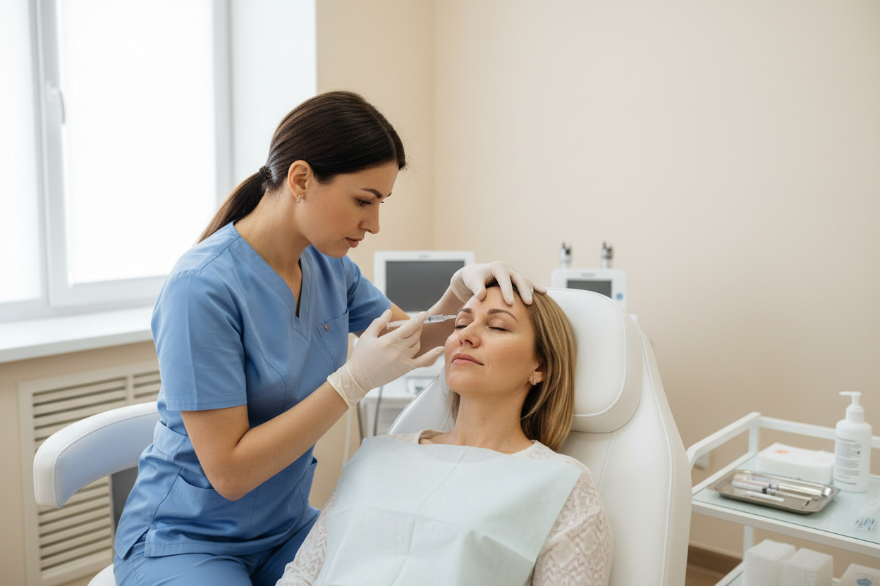 Toxina botulínica (Botox) a un paciente real con paredes cremas y doctor/a