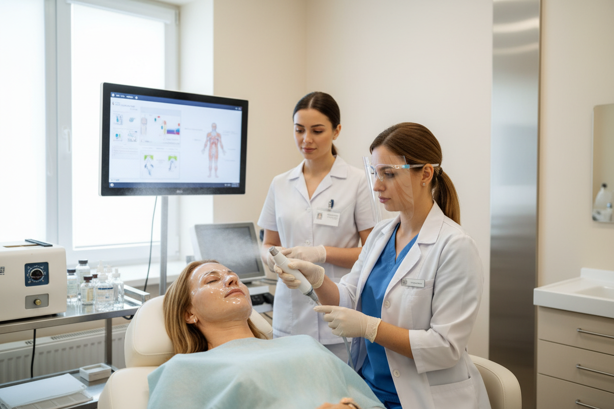 Células madres (Regeneración facial) a un paciente real con paredes cremas y doctor/a