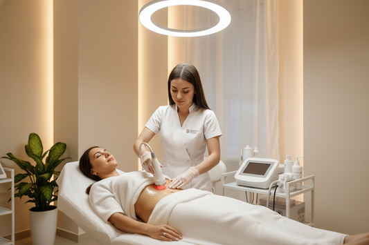 Cavitación y Radiofrecuencia (ejemplo 1 sesión: 2 áreas abdomen/espalda o muslos/glúteos),mujere siendo atendida paredes cremas