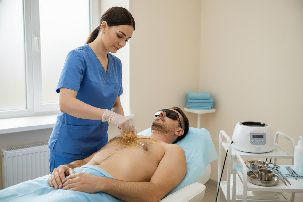 Depilación con cera de pecho o espalda c/u a un paciente real con paredes cremas y doctor/a