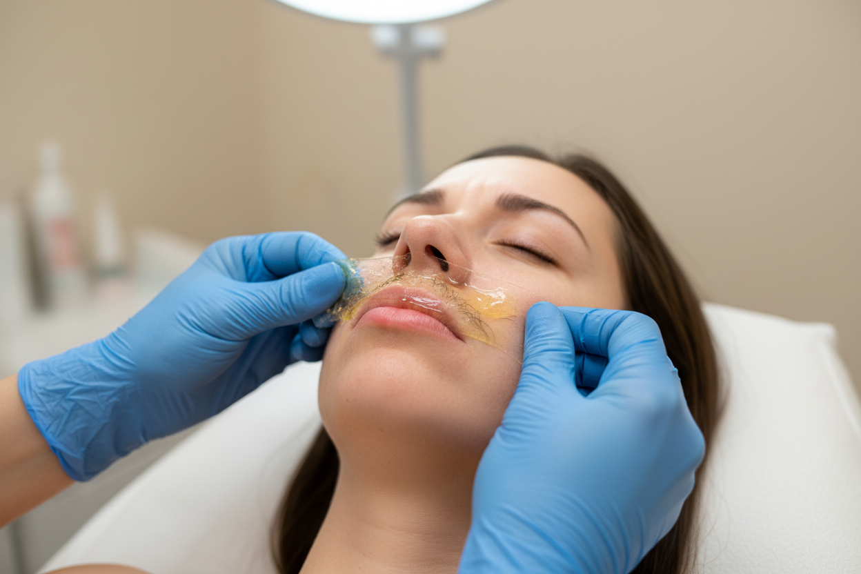 Depilación con Cera – Labio Superior (Bozo/Bigote) a un paciente real con paredes crema y que tenga un doctor/a pero que haga referencia donde le estasn trabajando