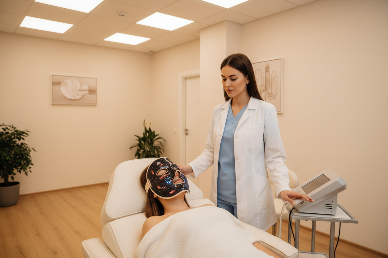 Fototerapia facial con luz LED a un paciente real con paredes crema y una doctroa es una mascara que solo s le ven los ojos al paciente,la mas acrta es crema oscuro y solo se le ven los ojpos al paciente no el rostro,la mas cara solo cubre el rostro no la cabesza completa