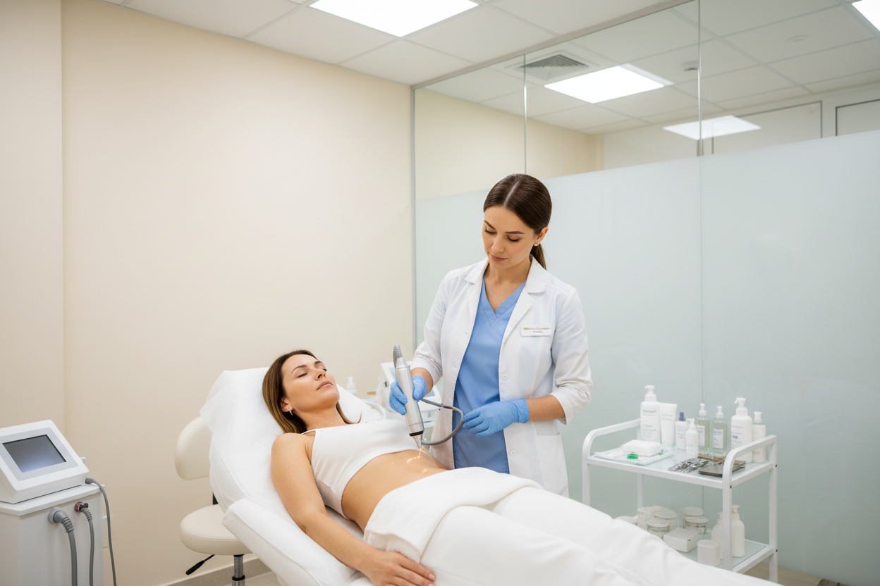 Plasma estético en abdomen a un paciente real con paredes cremas y doctor/a