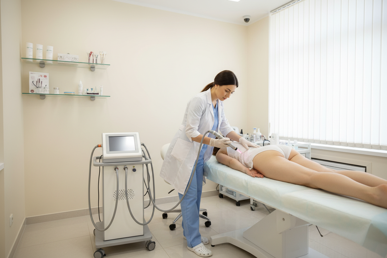 Plasma estético en glúteos a un paciente real con paredes cremas y doctor/a