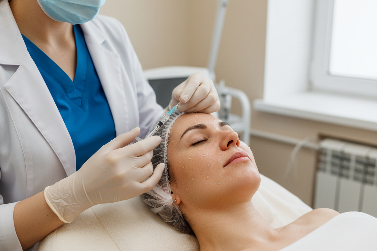Rejuvenecimiento facial con mesoterapia inyectada (para manchas, blanqueamiento, iluminosidad, piel más radiante en el rostro) a un paciente real con paredes cremas y doctor/a