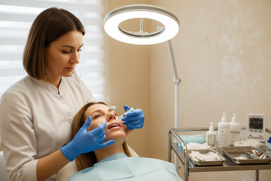 Relleno y aumento de labios a un paciente real con paredes cremas y doctor/a