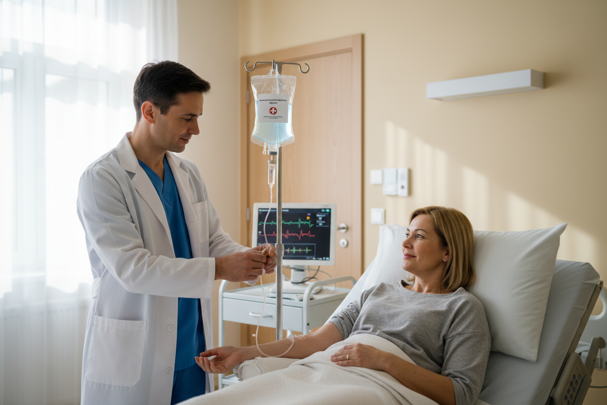 Suero Analgésico-Antiinflamatorio a un pacientye real en un ambiente con paredes cremas