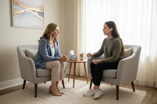 Terapia de acompañamiento emocional a una persona en copnsutorio co0n paredescremas y una doctora